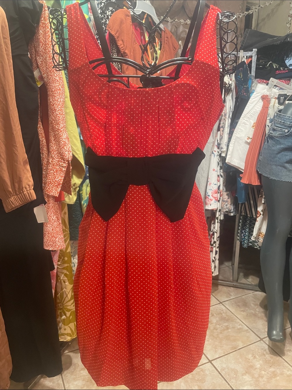 H&M Red Polka Dot Midi Dress with Black Bow